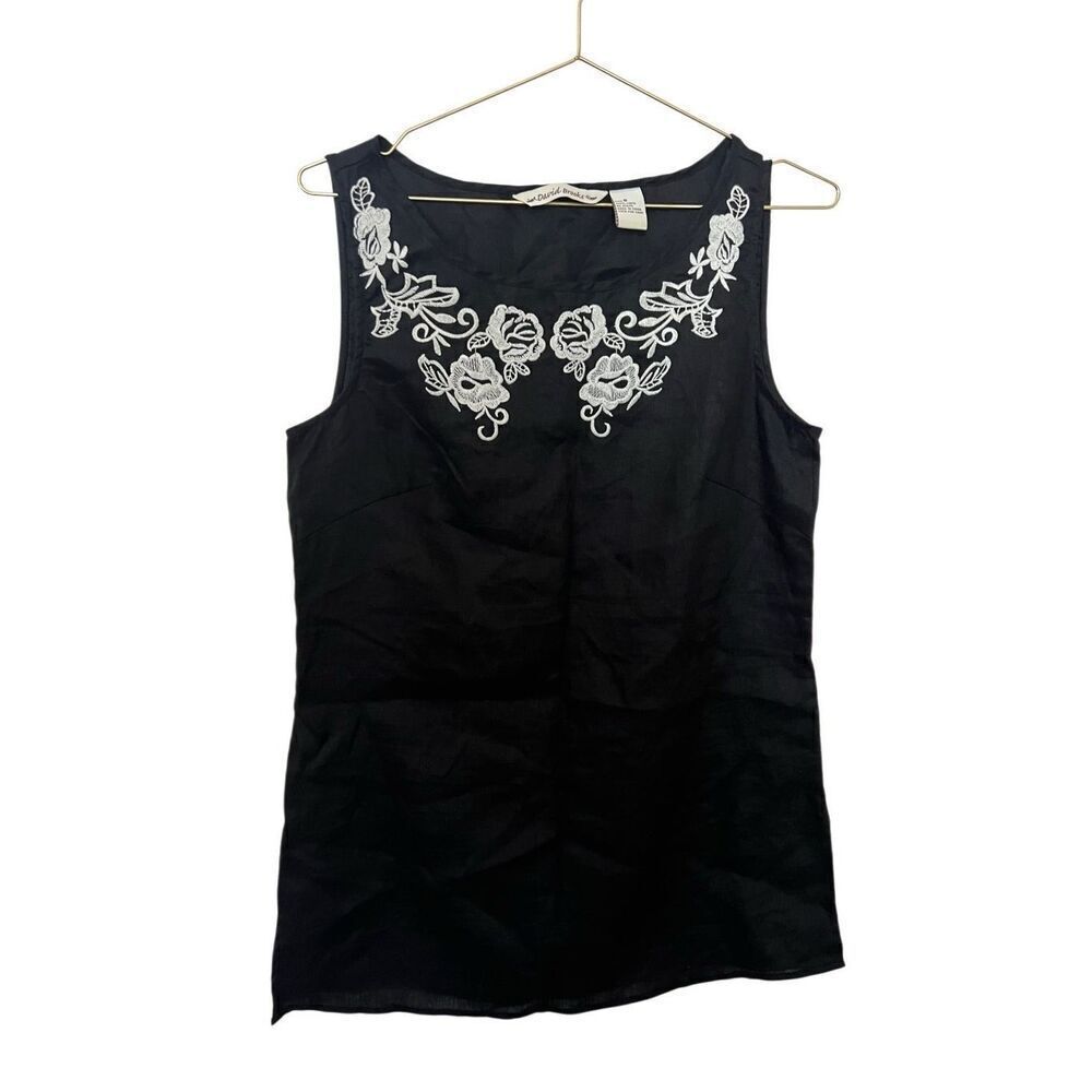 David Brooks linen floral embroidered sleeveless top sz M